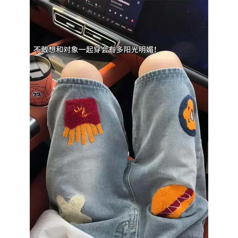 美式复古水洗刺绣薯条汉堡牛仔短裤男设计感小众潮牌做旧五六分裤