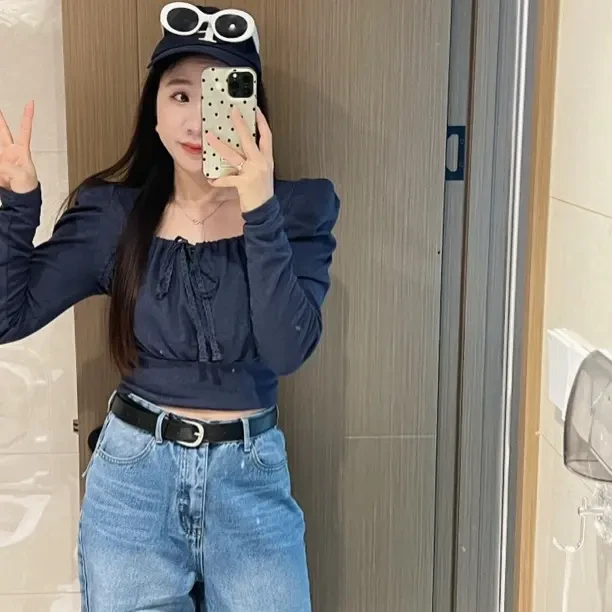 【米朵家】褶皱长袖蕾丝系带T恤牛仔针织秋季方领法式