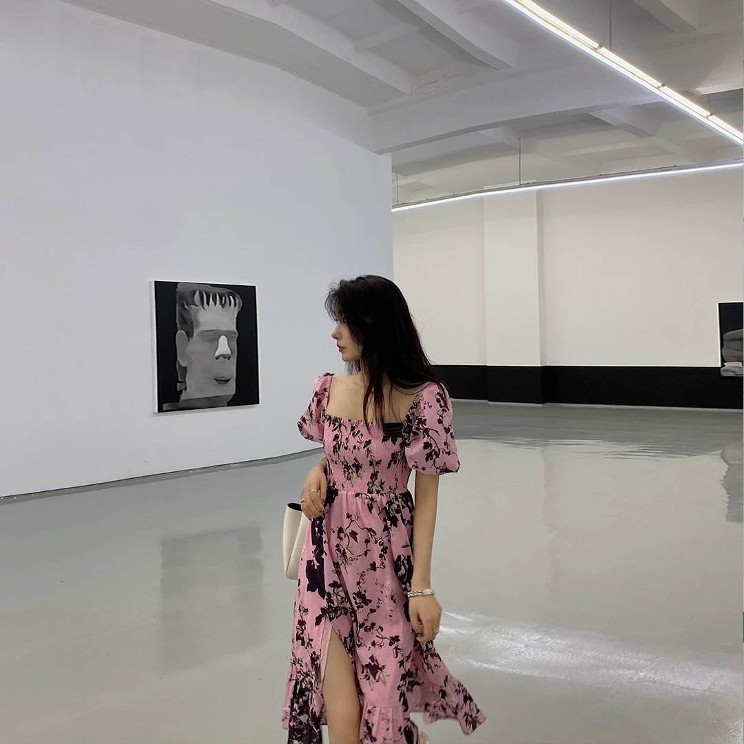 ACHI大也池粉色碎花方领连衣裙泡泡袖中长款松紧裙子短袖收腰长裙