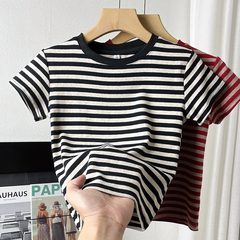 百搭条纹短袖t恤女夏季洋气复古正肩修身显瘦减龄短款上衣打底衫