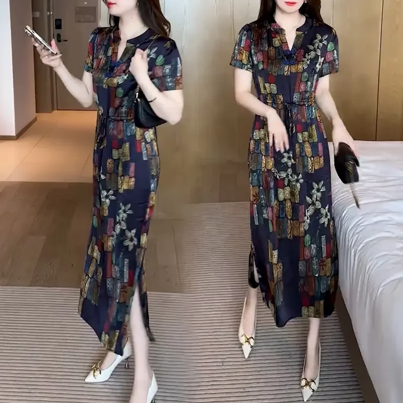 夏季丁达尔穿搭时尚显瘦新中式盘扣洋气减龄连衣裙女网红中长裙子