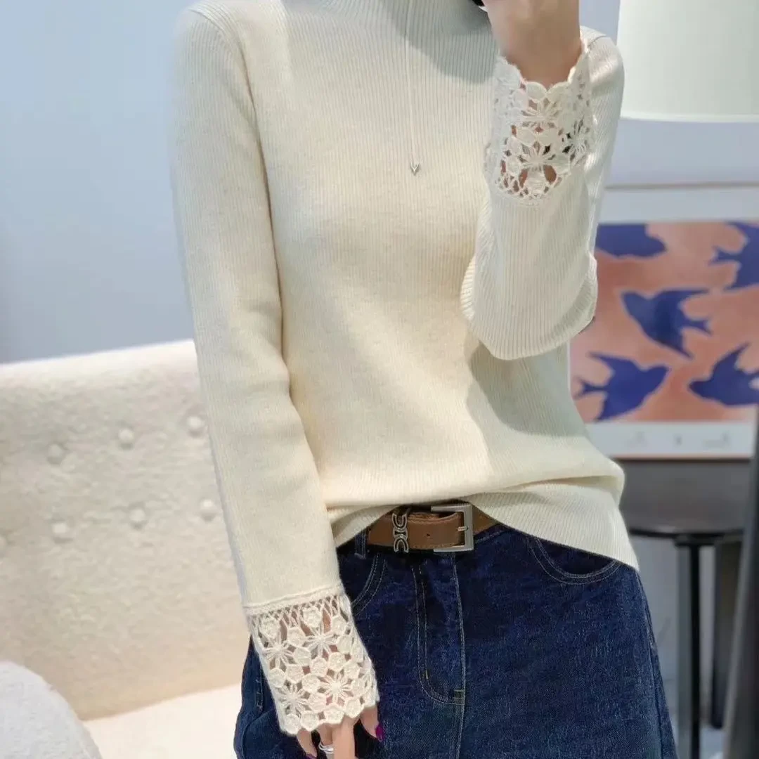 秋冬季新款女士法式镂空刺绣半高领针织衫内搭打底上衣