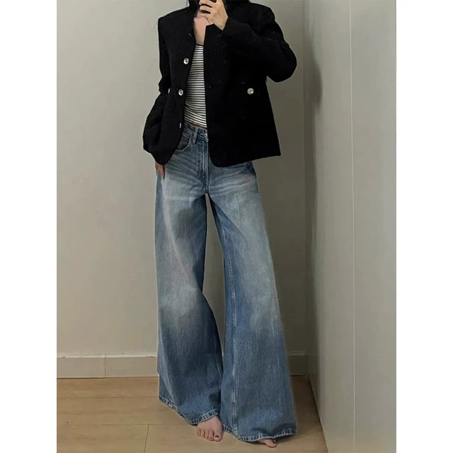 雯雯小超人 复古宽松微喇牛仔裤女2025春季新款高腰阔腿拖地裤子