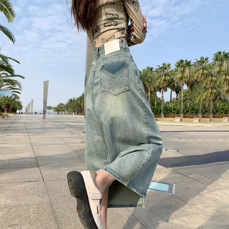 y3175复古牛仔半身裙女夏季薄款2025新款高腰显瘦开叉a字中长裙