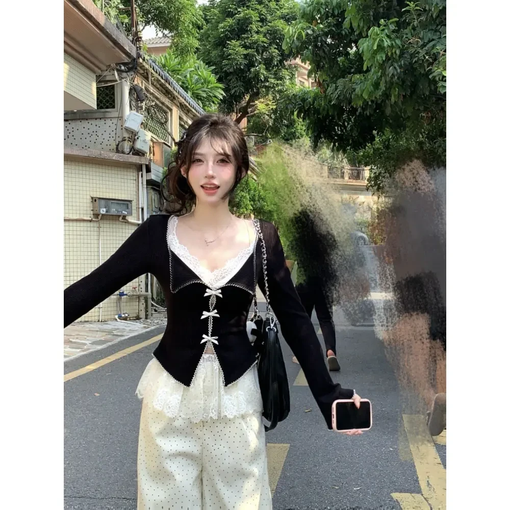 【柔柔】2025春季大码微胖显瘦镂空蝴蝶结长袖设计感蕾丝两件套