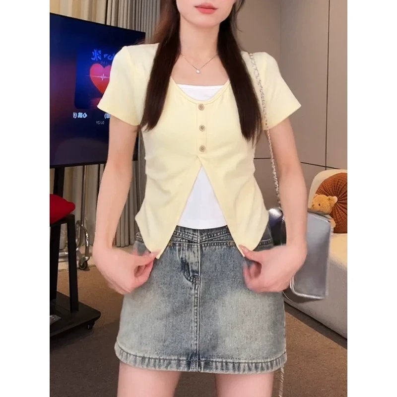 韩系甜美风假两件短袖t恤女夏季修身显瘦设计感小众绝美短款上衣