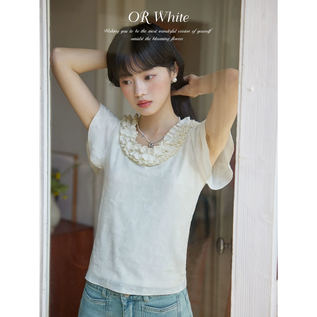 ORWhite 2025夏季立体提花T恤女飞飞袖双层收褶设计法式小众短袖