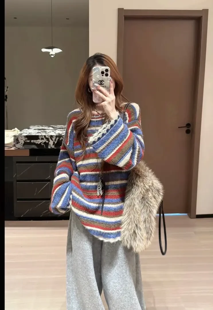 圣诞系列 条纹撞色设计感针织毛衣百搭圆领复古慵懒风2025新款