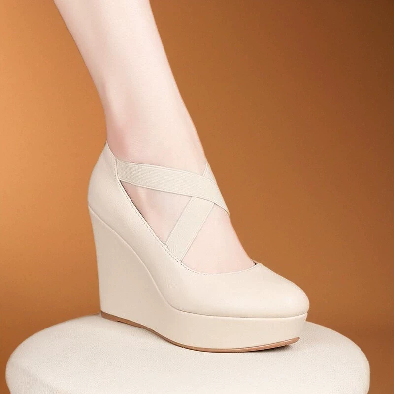 小个子坡跟单鞋女真皮厚底防水台一脚蹬超高跟鞋通勤工作鞋春秋款