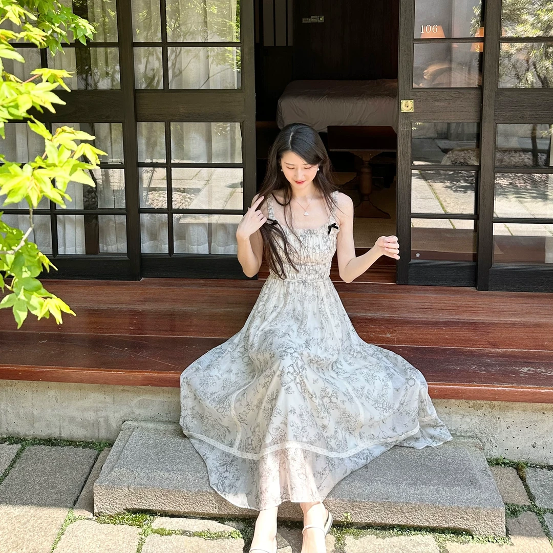 6折 Howalook浮绘子水墨感文艺少女印花蕾丝收腰天丝连衣裙半身裙