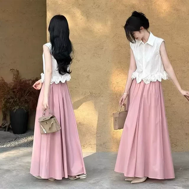 2025新款夏装搭配整套女小个子无袖白色衬衫粉色半身裙两件套装裙