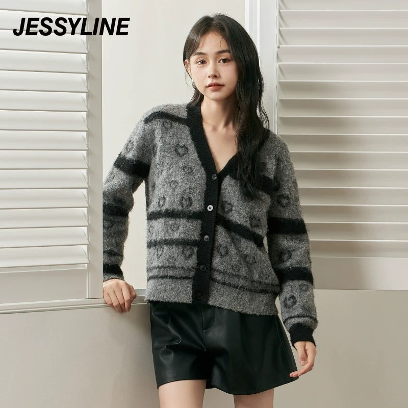 杰茜莱黑灰拼色v领针织开衫女2024秋新款显瘦毛衣外套 jessyline
