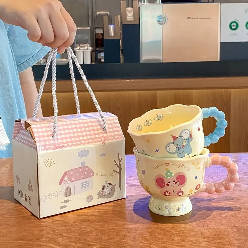 可爱卡通小象马克杯带勺高颜值创意陶瓷杯情侣杯生日礼物咖啡杯LQ