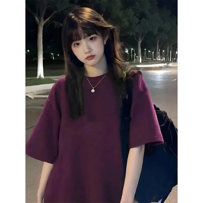 葡萄紫重磅纯棉T恤男女夏季美式复古小领口短袖oversize正肩半袖