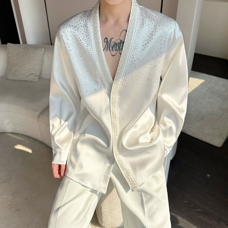 轻奢高级感定制满天星手工镶水钻缎面V领衬衫男长袖贵族衬衣上衣