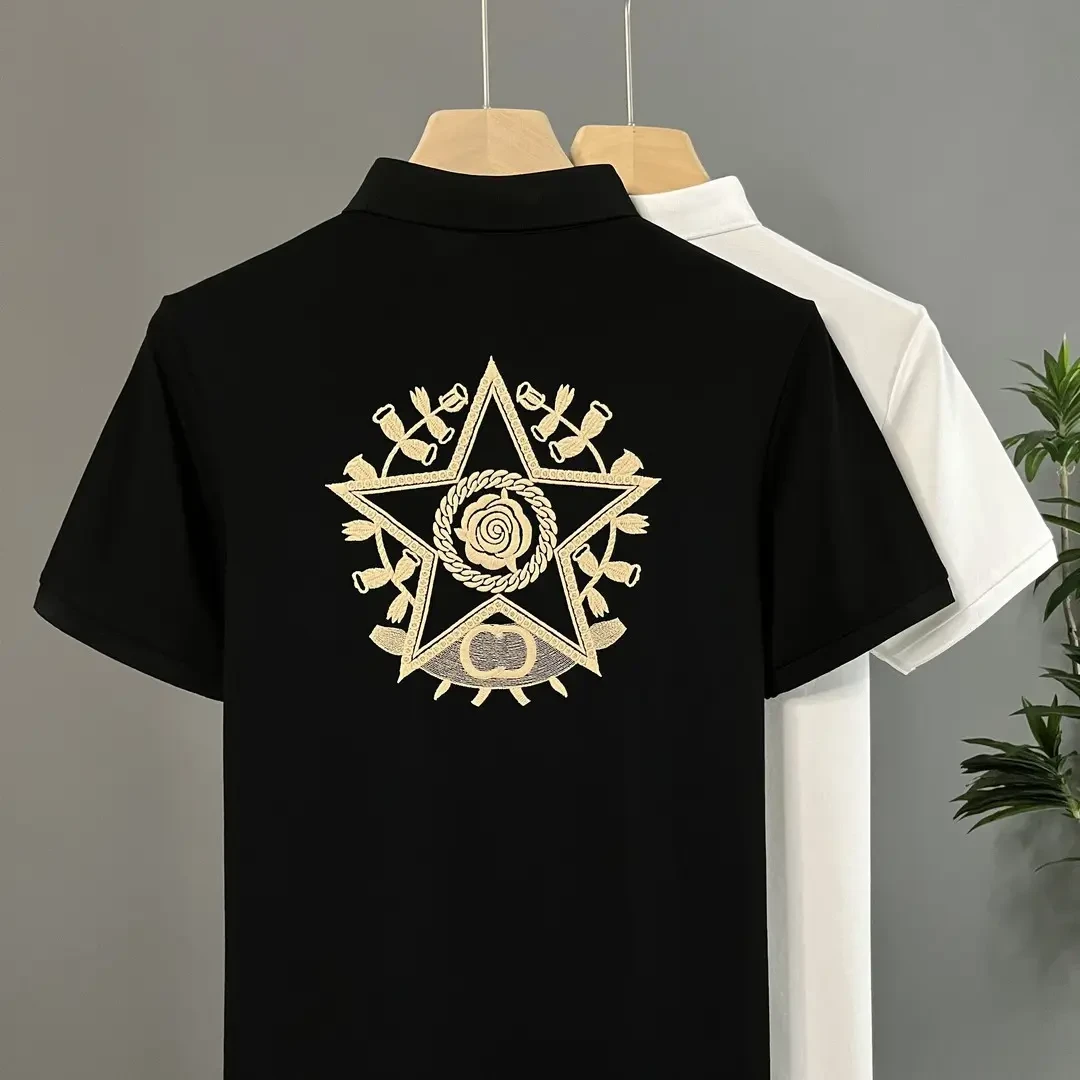 大白鲨时尚刺绣牡丹夏季Polo衫男士短袖帅气潮流休闲保罗翻领t衫