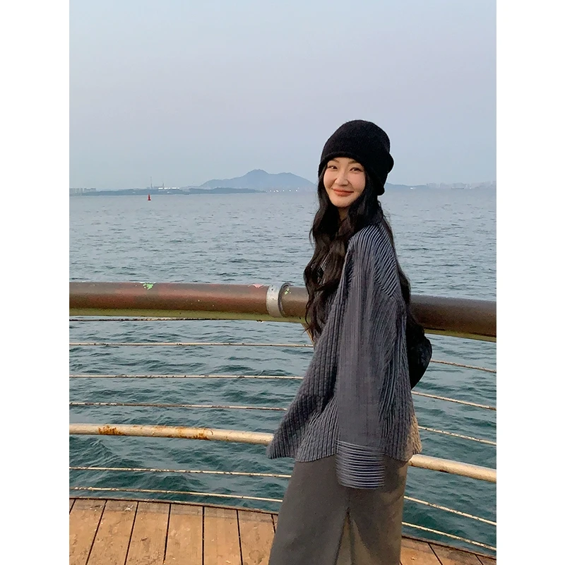 任小艺老钱风法式条纹衬衫女秋冬设计感小众宽松休闲长袖叠穿上衣