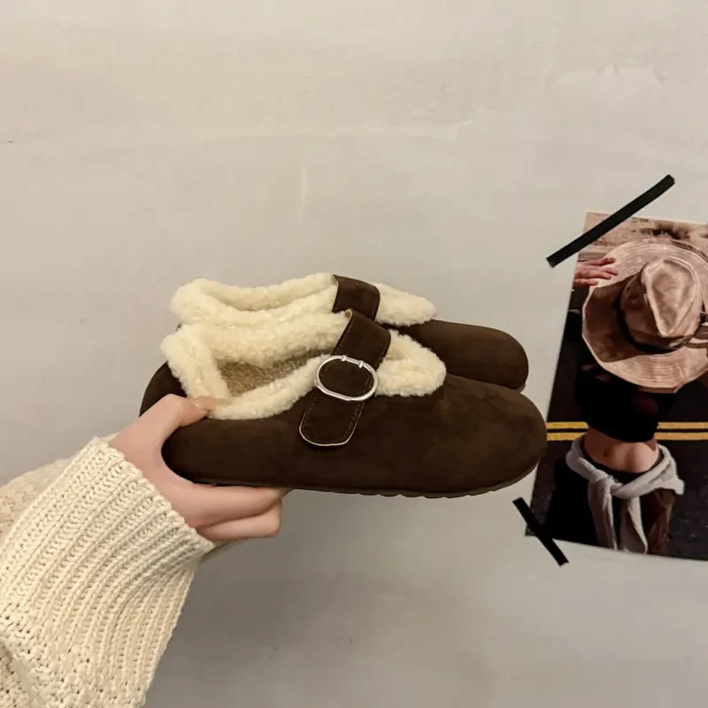 2025冬季新款复古玛丽珍鞋女底魔术贴一字带保暖防滑软底毛毛鞋