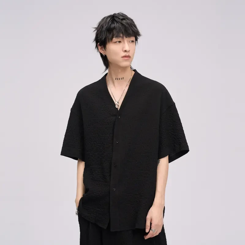 HERBEL/黑白潮流男士男生短袖衬衫夏季新款休闲舒适百搭衬衫