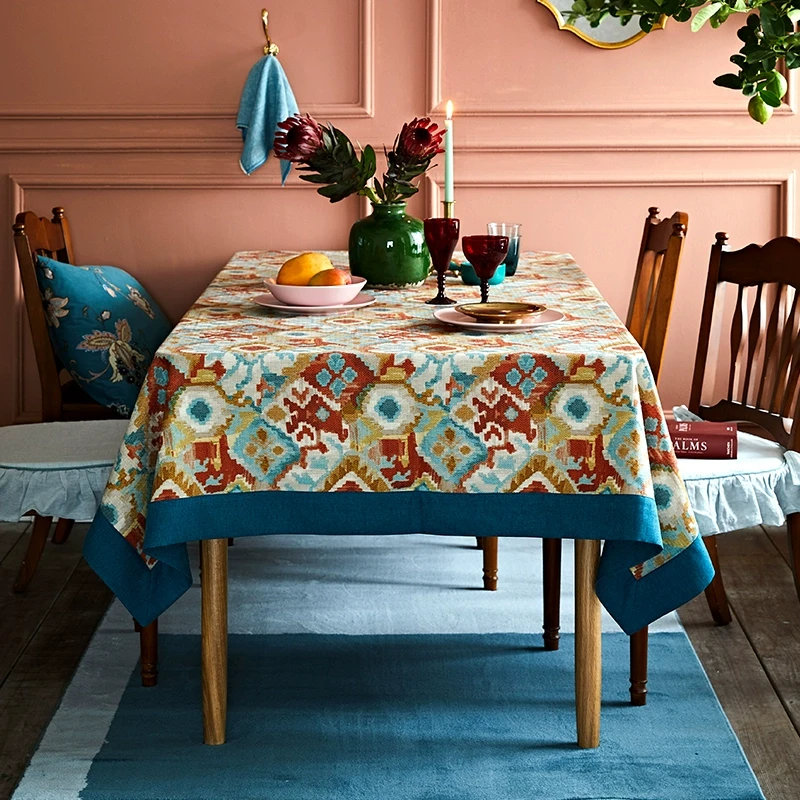 蜡笔派美式复古印第安高级感餐桌茶几圆桌防水亚麻台布定制桌布