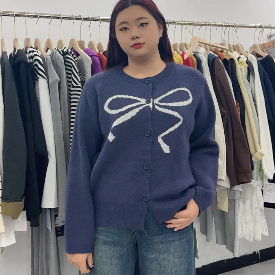 秋冬新款蝴蝶结提花针织开衫韩系学院风小个子减龄百搭上衣