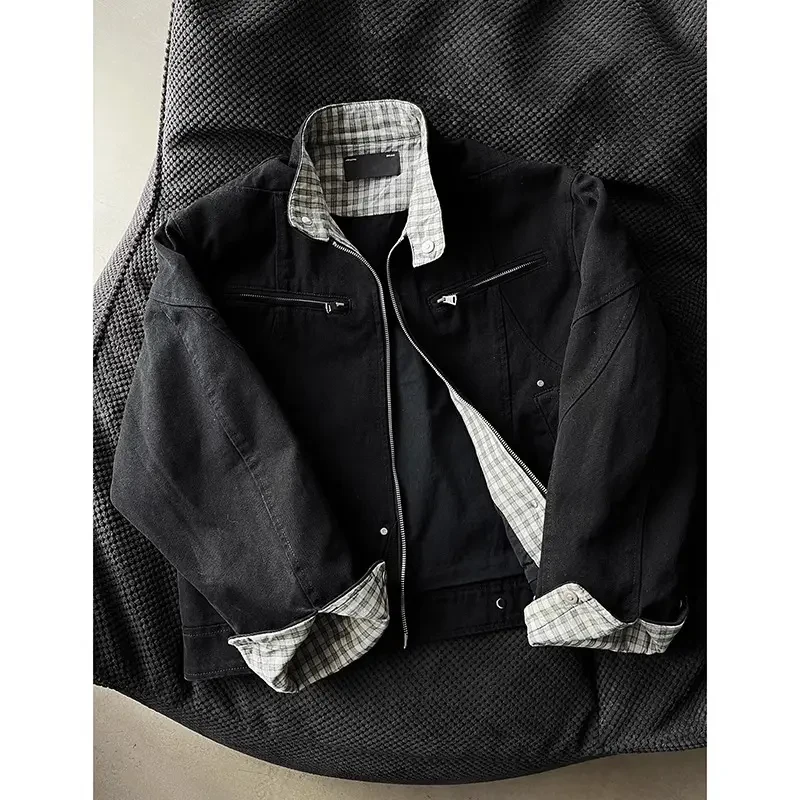 龙牌复古哈灵顿二代夹克男春秋季短款潮牌美式工装千鸟格拼接外套