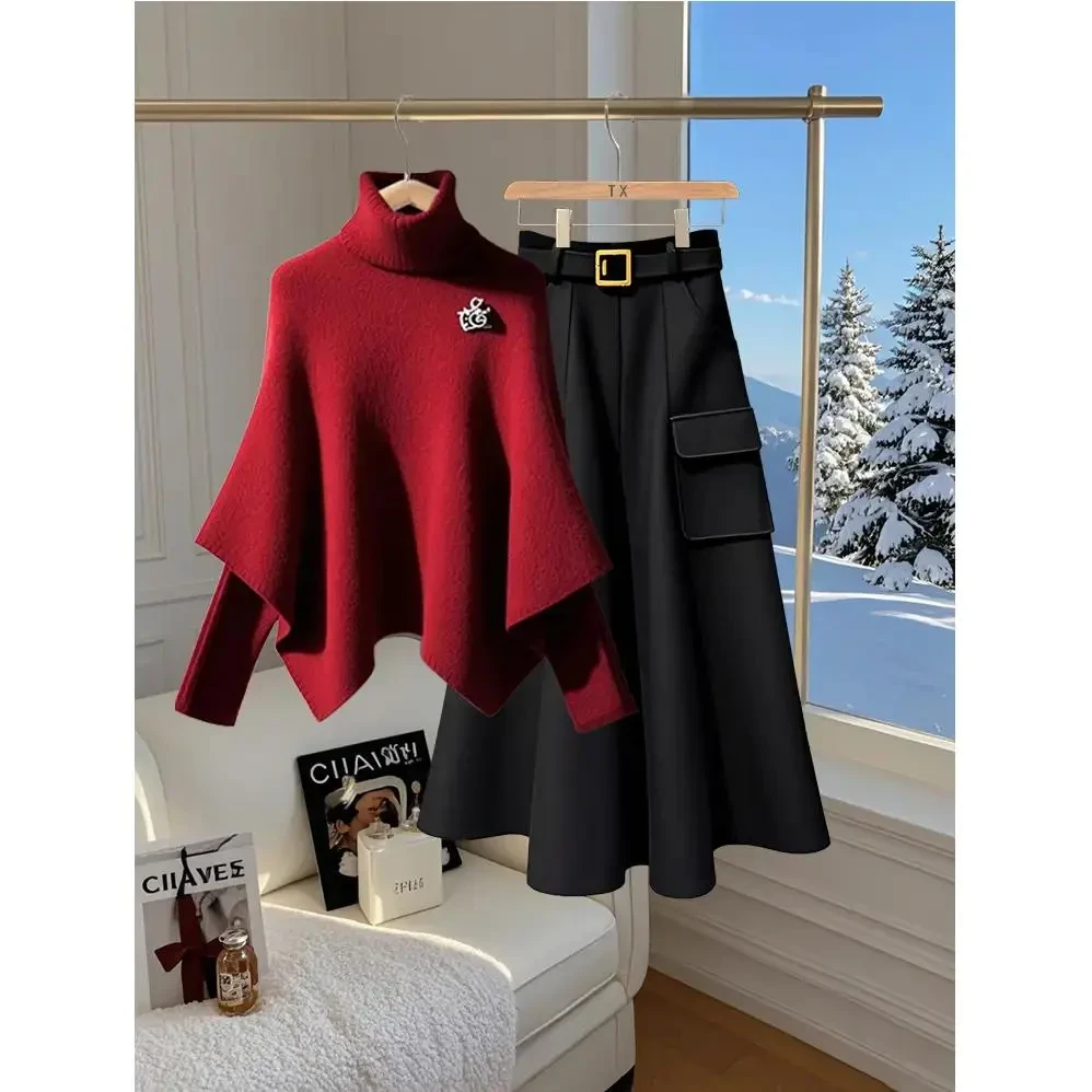 2024秋冬品质女装时尚百搭精致气质假两件上衣梨型身材显瘦半身裙