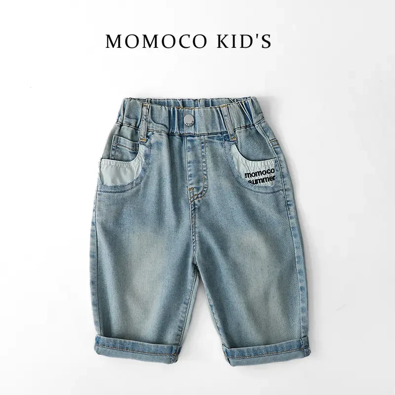 MOMOCO童装夏季男童牛仔短裤儿童百搭贴布设计七分裤75230351002