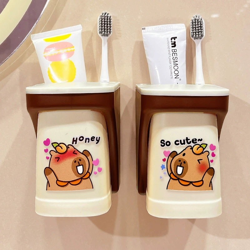 漱口杯家用壁挂免打孔可爱卡通卡皮巴拉儿童刷牙杯磁吸牙刷置物架