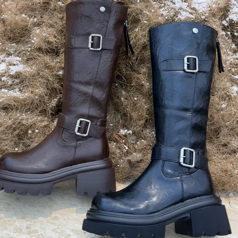 厚底高帮加绒骑士靴女秋冬新款圆头及膝长靴中跟休闲时尚女靴