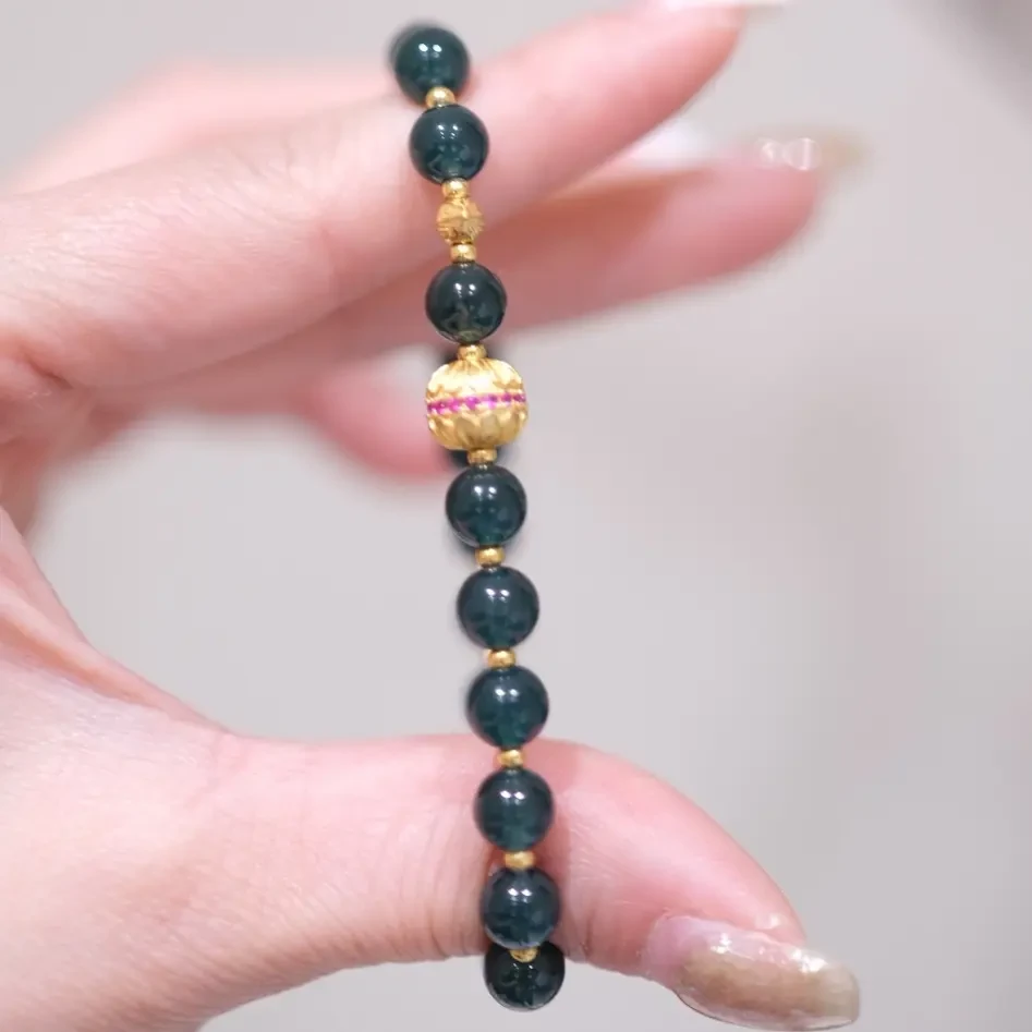 高级天然翡翠银镀金手串