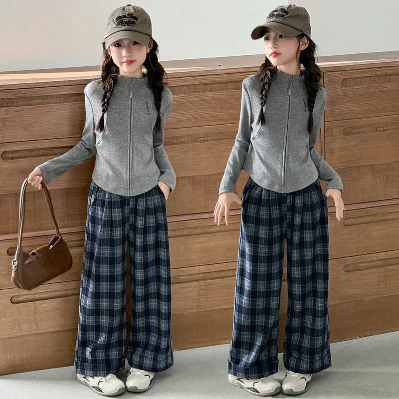 女童秋装套装2025年款衣服儿童春秋款小女孩休闲时髦格子裤两件套