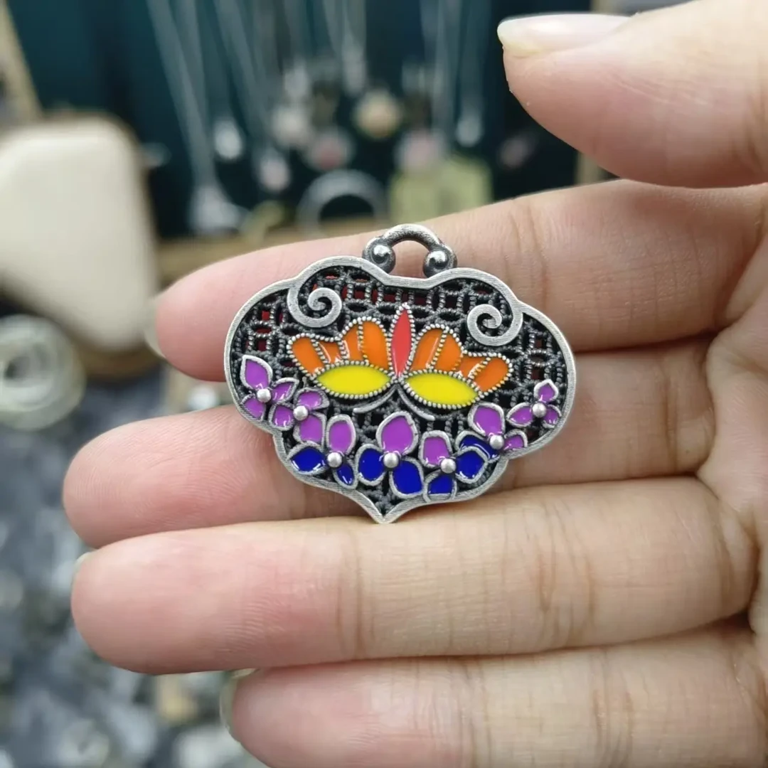 吊坠足银珐琅 复古民族风莲花锁吊坠项链精致时尚百搭