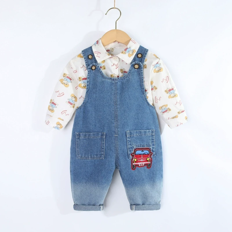 宝宝卡通牛仔背带裤春秋季1一3岁婴儿小汽车连体裤男童裤子长裤