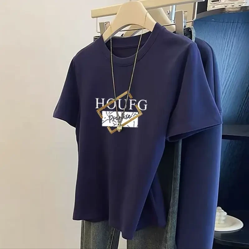 夏季正肩圆领短袖t恤女装ins时尚百搭洋气藏青色上衣衫潮2025新款