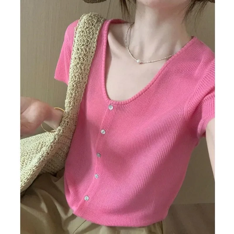 夏季别致甜辣妹短款u领冰丝针织上衣设计感小众宽松正肩短袖t恤女