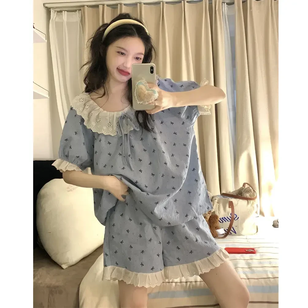 夏季公主风薄款甜美宽松云朵棉睡衣女圆领可外穿家居服套装