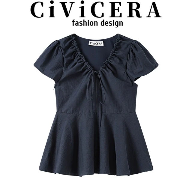 CIVICERA小个子甜美减龄系带V领小衫上衣女夏时尚百搭泡泡袖衬衫