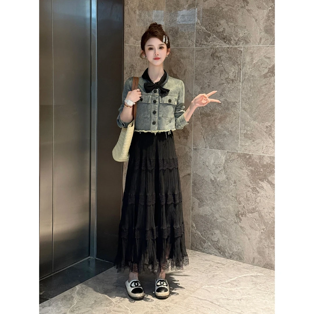 (奶油蛋糕)系带拼接蝴蝶结翻领牛仔外套VS松紧腰蕾丝网纱蛋糕裙