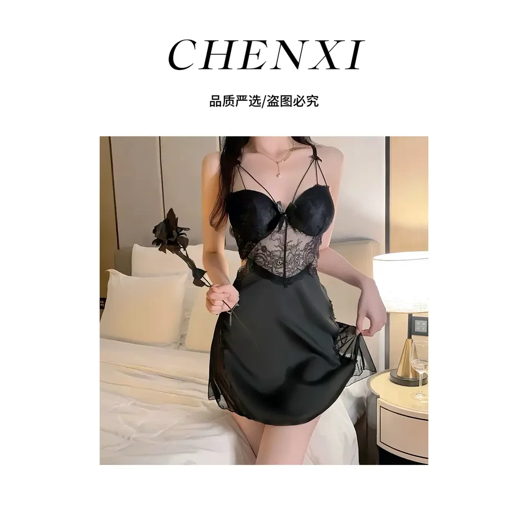 蕾丝大钢圈睡衣力挺有型胸垫吊带睡裙轻奢家居服纯欲风露背