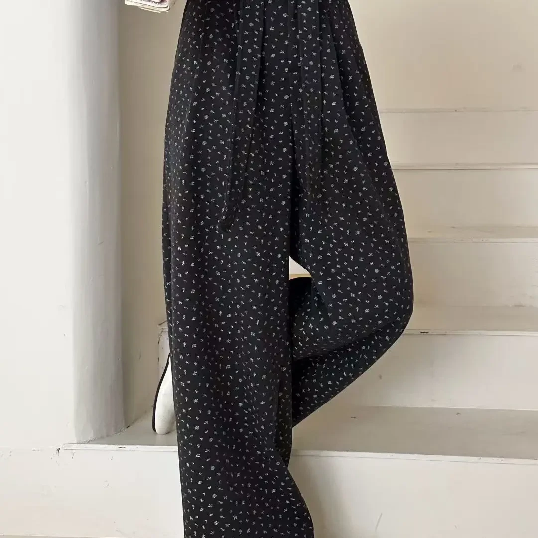 秋冬新款加厚碎花阔腿裤慵懒百搭高腰显瘦休闲毛呢裤