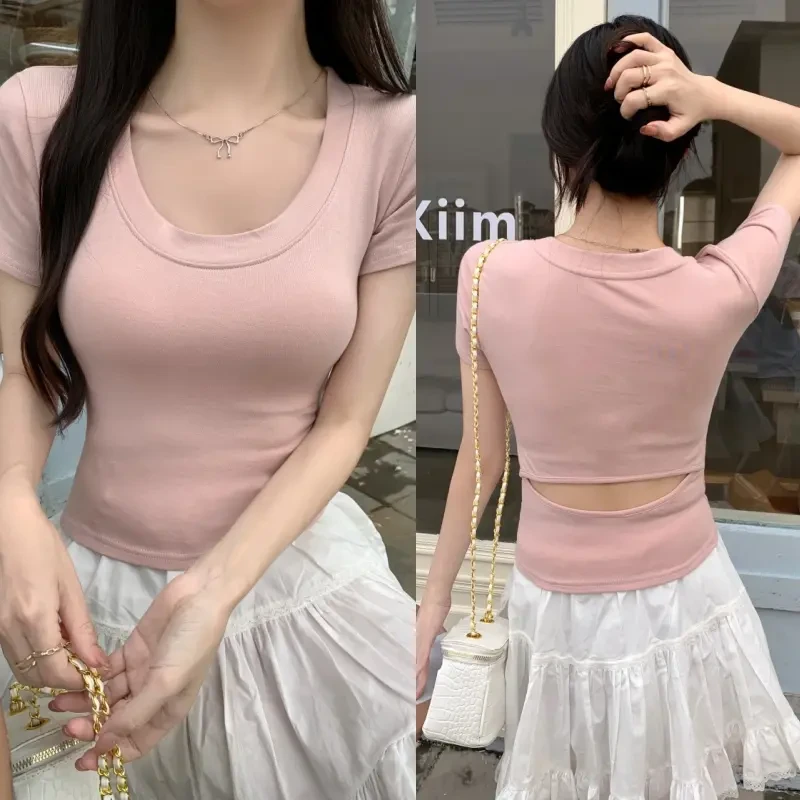 [退换邮费全额补贴]后背镂空短袖t恤女夏季u型领修身辣妹短款上衣