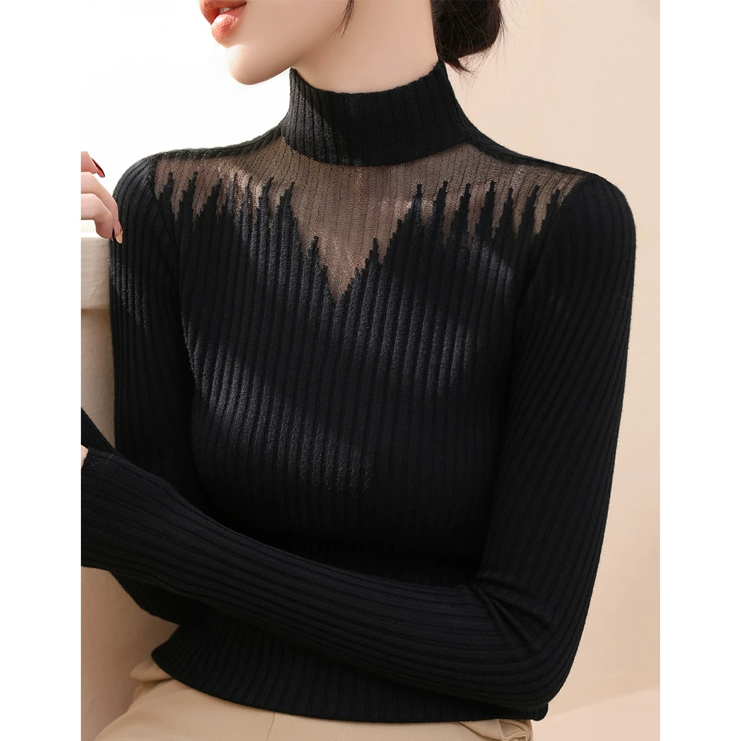 黑色半高领蕾丝网纱设计长袖针织衫女装内搭打底上衣秋冬新款毛衣