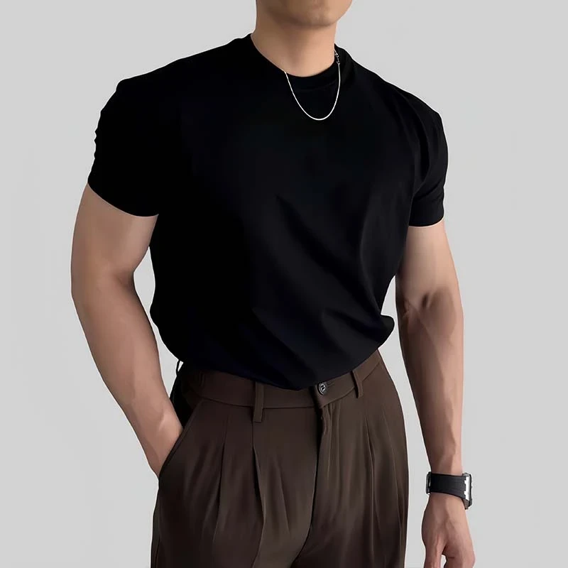 2025夏季新款韩版正肩短袖T恤男士上衣潮流圆领修身轻奢痞帅男装
