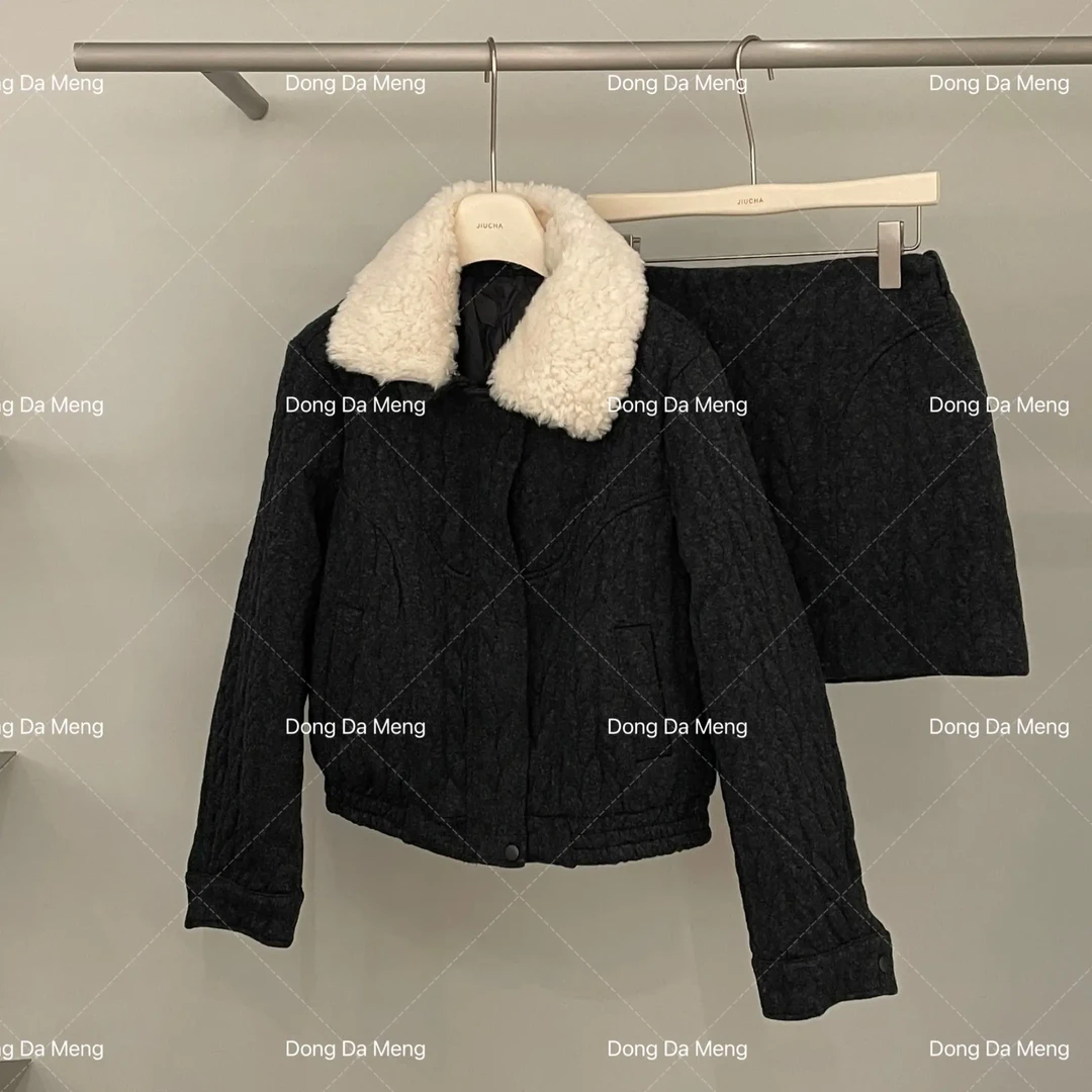 643韩系小众设计感菱格棉外套➕半身裙宽松显瘦套装(会起球)