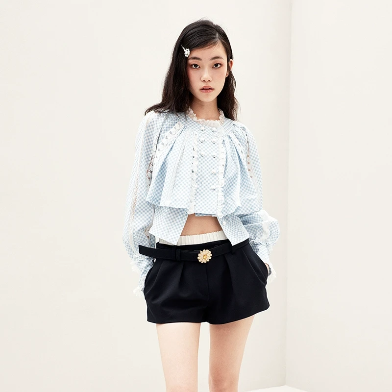 LE FAME/拉飞姆2025年春季新款花边假两件格子衬衫