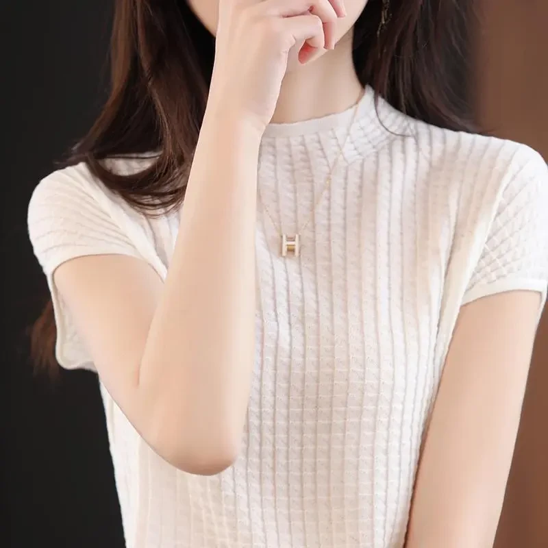 2025夏季新款冰丝黑色半高领短袖针织打底衫女气质镂空T恤女薄款