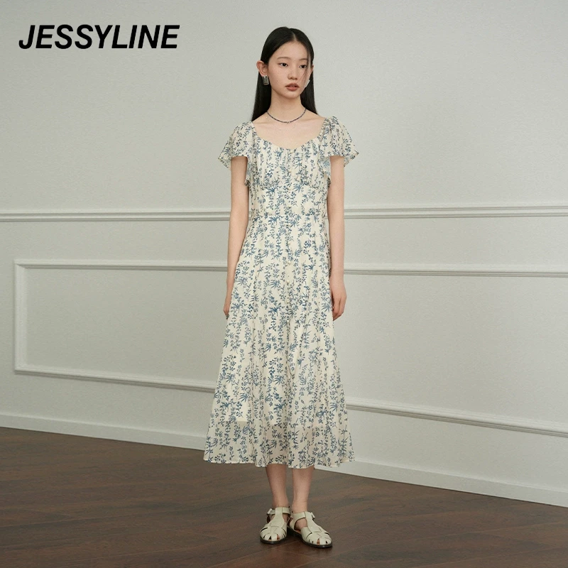 jessyline2025夏季新款 杰茜莱长款印花修身连衣裙欧若风碎花复古