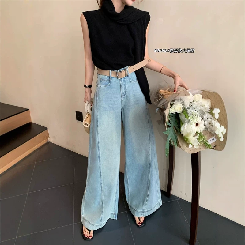 浅蓝色高腰阔腿牛仔裤女春季欧货水洗宽松显瘦垂感直筒休闲拖地裤