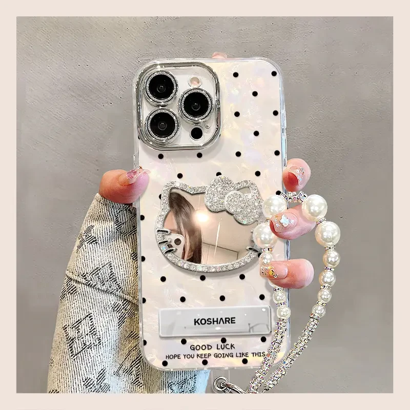 适用KT猫镜子苹果15promax华为oppo小米iPhone16精孔贝壳纹手机壳